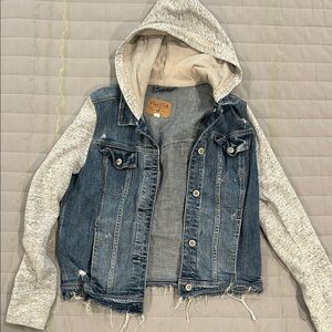 Hollister Blue Denim Jacket with Gray Sleeves and Hood